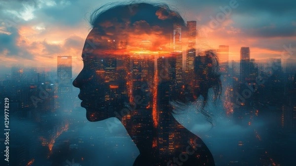 Obraz Woman's silhouette double exposed with a vibrant cityscape at sunset.