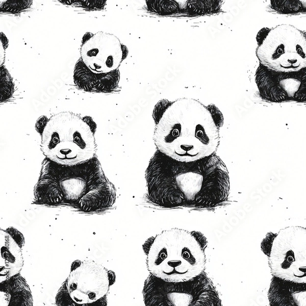 Obraz Charming panda bear pattern filled with delightful illustrations of pandas engaging in playful activities and poses
