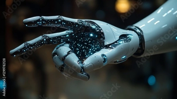 Fototapeta Close-up of a robotic hand with glowing internal components, gesturing.