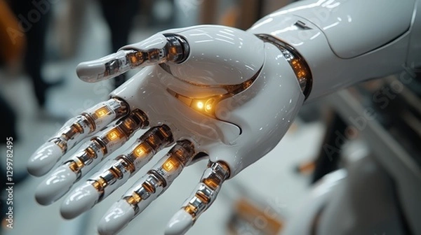 Obraz Close-up of a robotic hand with glowing joints, offering a helping hand.