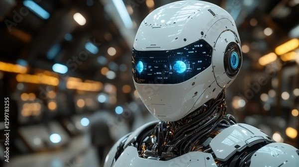 Obraz Close-up of a futuristic white robot's head with glowing blue eyes in a factory setting.
