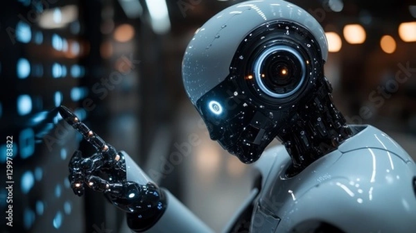 Obraz Advanced humanoid robot interacting with a digital interface.
