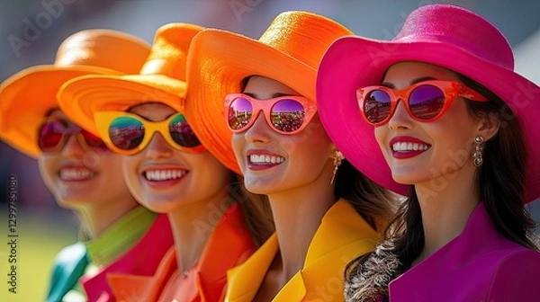 Fototapeta Melbourne Cup Fashion: An eye-catching image of ladies dressed in vibrant outfits for the Melbourne Cup, showcasing the blend of fashion and excitement during this iconic event.