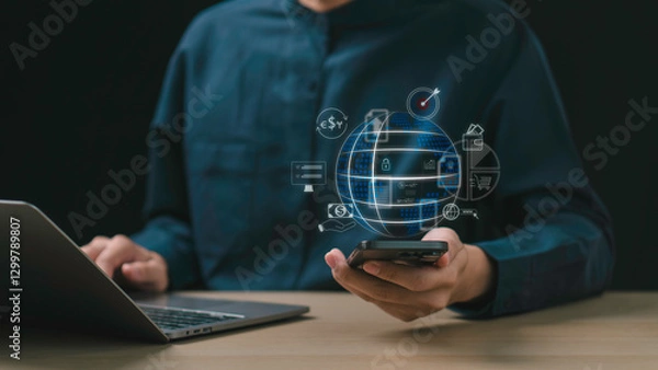 Fototapeta Online banking, digital payment, electronic transaction, and financial technology concept. A woman making an e-payment through mobile banking, utilizing financial technology, and currency exchange.