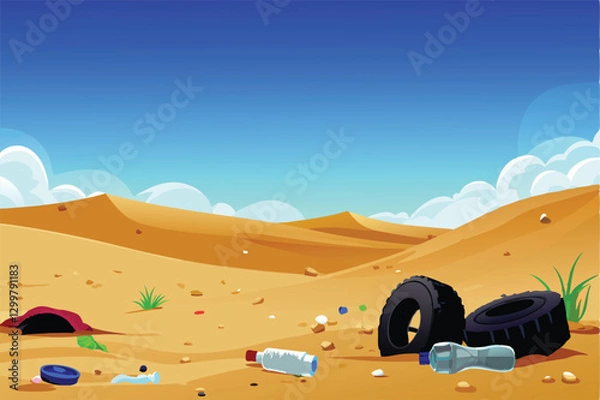 Fototapeta A desolate arid desert landscape showing the severe environmental pollution of plastic waste scattered across the sand dunes under a harsh sun.