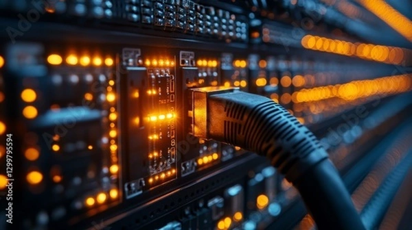 Obraz Close-up of network cable plugged into server rack with glowing lights.