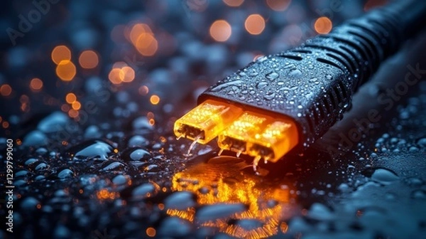 Obraz Glowing wet fiber optic cable connector on dark reflective surface.