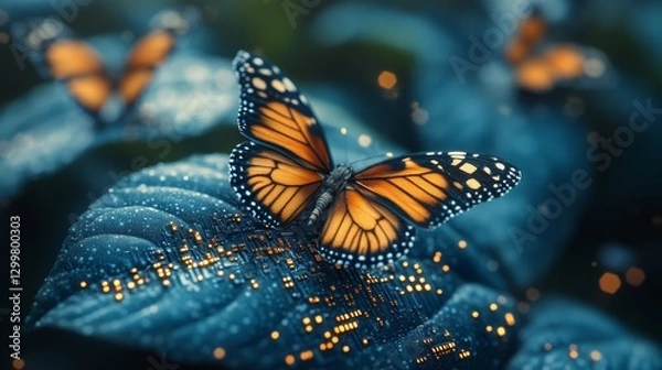 Obraz Monarch butterfly on a futuristic, bioluminescent leaf with circuit board pattern.