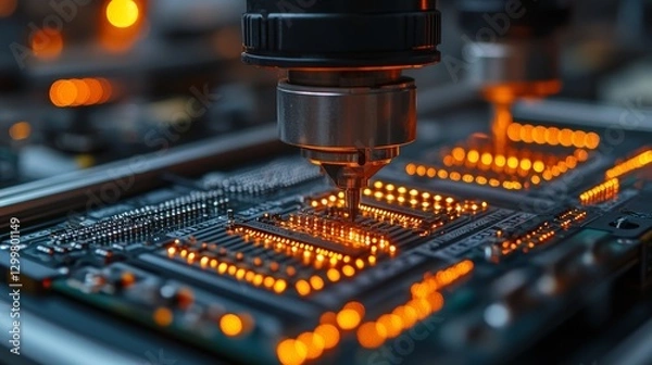 Obraz Close-up of automated machine installing components onto a circuit board.