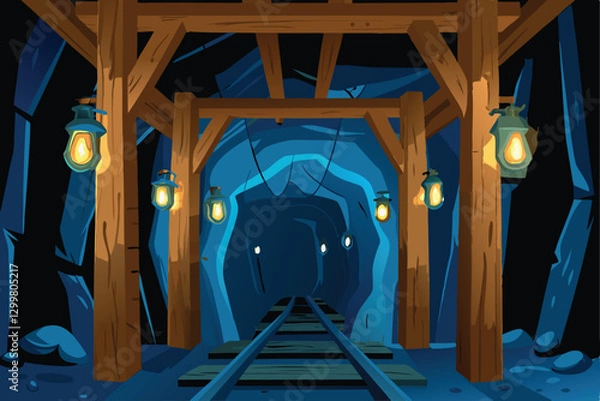 Fototapeta Create a stylized vector background depicting a mining tunnel entrance, emphasizing depth and texture.  Include glowing elements.