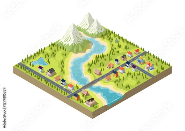 Fototapeta Isometric mountains with residential areas