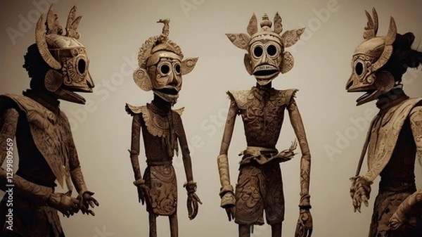 Fototapeta Intricate Wooden Masks and Costumes Display