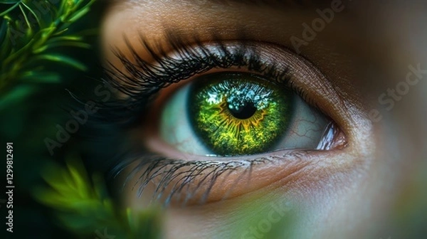Obraz Close-up of a vibrant green eye partially hidden behind lush green foliage.