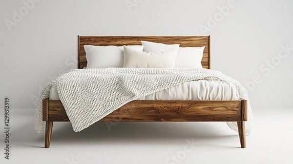 Fototapeta Mid-century Scandinavian wooden double bed with white blanket and pillows, symbolizing minimalist design and cozy living, perfect for interior design, bedroom concepts, and modern d??A(C)cor visuals.