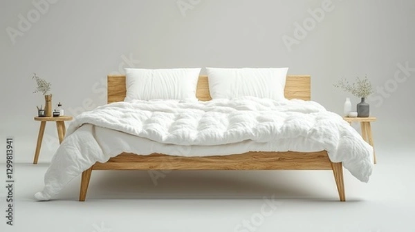 Fototapeta Mid-century Scandinavian wooden double bed with white blanket and pillows, symbolizing minimalist design and cozy living, perfect for interior design, bedroom concepts, and modern d??A(C)cor visuals.