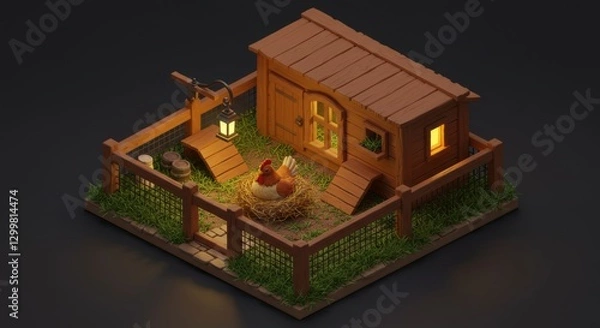 Fototapeta A cozy wooden cottage with a fenced garden, featuring a lantern and a nest with bielefelder kennhuhn, set in a serene environment