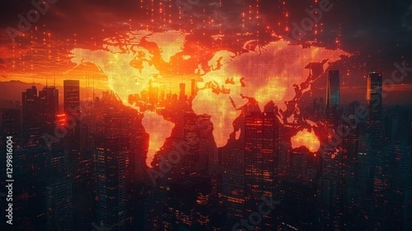 Obraz Global network, fiery sunset cityscape.