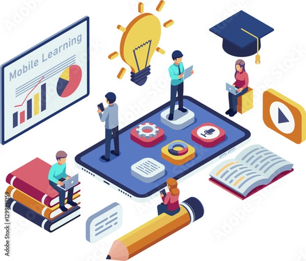 Fototapeta Isometric Mobile Learning with Students using Educational Apps