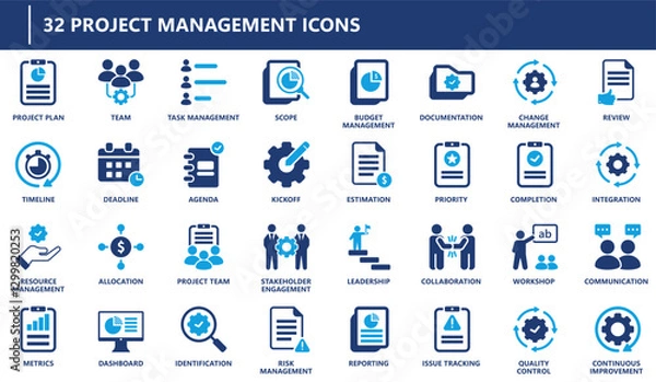 Obraz Project management icon collection featuring task management, budgeting, collaboration, leadership, risk assessment, documentation, and quality control.