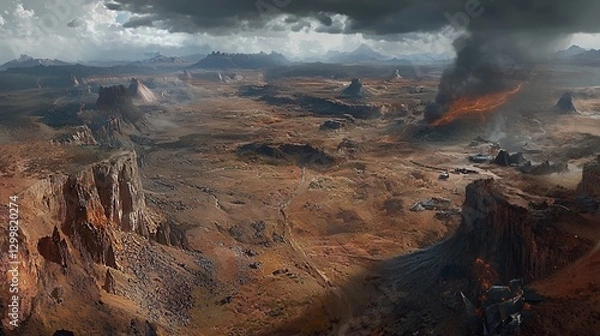 Fototapeta Aerial View of a Desolate Desert Landscape with Fire and Smoke