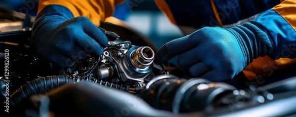Obraz Mechanic Inspecting Car Engine Component Closeup