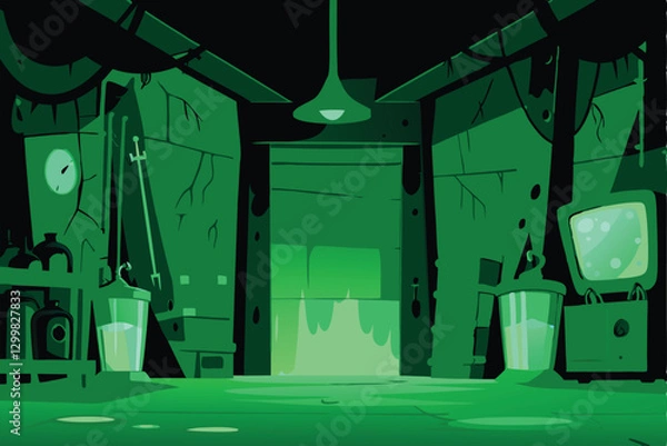 Fototapeta Render a detailed image of an evil scientist's lair, featuring bubbling, glowing green liquids in various glass containers and complex scientific equipment.