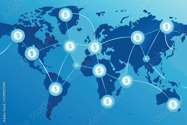 Fototapeta Illustrate a complex global financial network, visualized as glowing lines connecting major world cities, emphasizing interconnectedness and data flow.