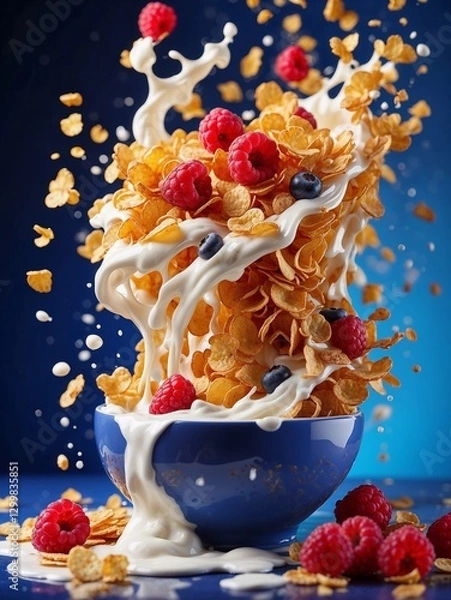 Fototapeta Dynamic Splash of Cornflakes and Berries in Milk – Creative Breakfast Art