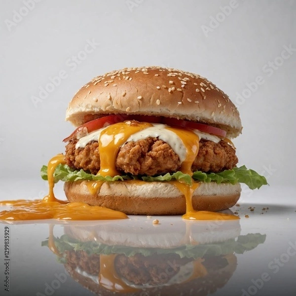 Fototapeta Ultra-Realistic Fried Chicken Burger with Cheese and Sauces on White Background