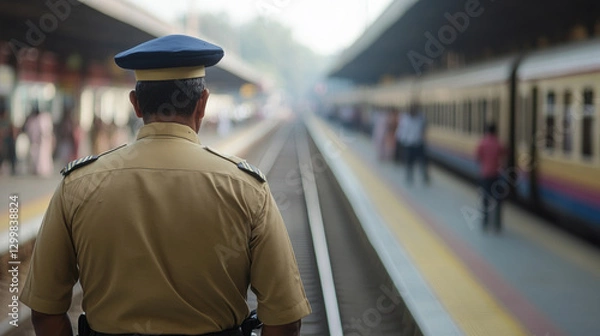 Fototapeta police Indian officer stands at railway station, ensuring safety and order. bustling environment reflects importance of security in public transport