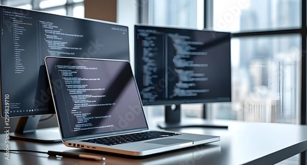 Obraz A laptop on a desk with a second monitor, showing lines of code. The background is a sleek, modern workspace with a blurred city view through the window.