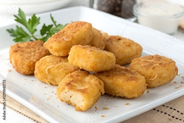 Fototapeta Chicken nuggets are bite-sized pieces of breaded and deep-fried chicken, often served with dipping sauces. They're crispy on the outside and tender on the inside.