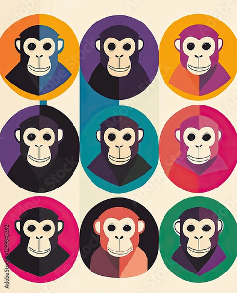 Fototapeta Colorful Monkey Portraits on a Geometric Background