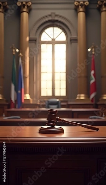 Fototapeta A detailed close-up of a judge’s wooden gavel resting on a sound block, symbolizing justice, law, and authority.
