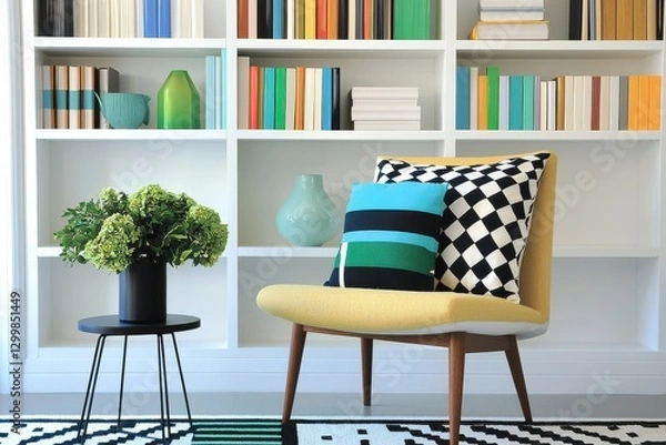 Fototapeta Chic Modern Office Backdrop With Colorful Shelves, Cozy Chair, Accessories Enhancing Productivity in Bright Room, Inspiring Ambiance