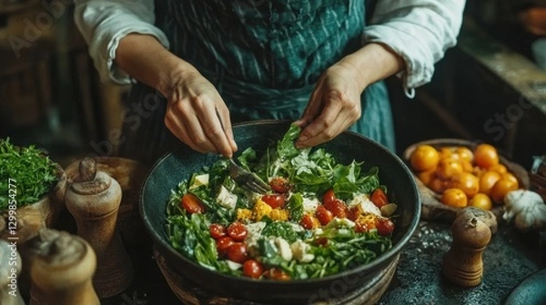 Fototapeta Woman's hands toss a vibrant salad with spinach, tomatoes, and cheese in a rustic bowl. This image is perfect for healthy eating, cooking, and food blog websites.