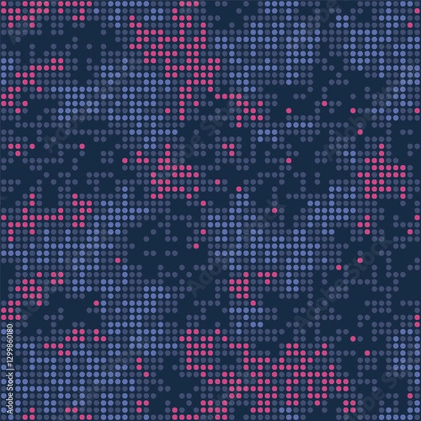 Obraz Halftone digital vinous camouflage wallpaper. LED screen pattern in maroon tones, camo grid, polka dot background. Seamless vector dark blue texture