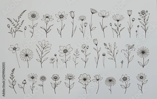 Obraz Drawing Collection of Various Flower and Plant Sketches on White Background
