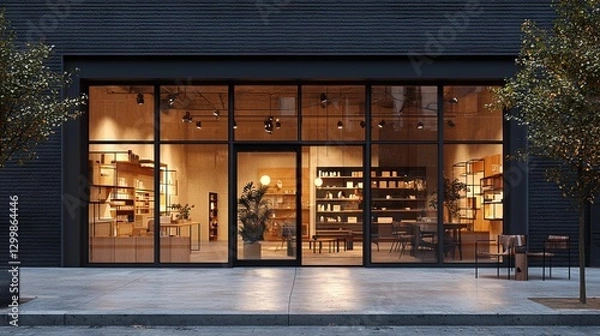 Obraz Modern Retail Storefront with Warm Lighting at Dusk