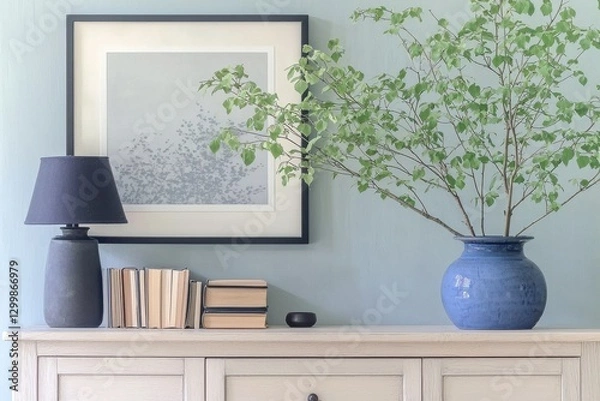 Fototapeta Chic Relaxed Office Background With Decorative Greenery, Modern Lamp, And Framed Art Creating A Calm Atmosphere