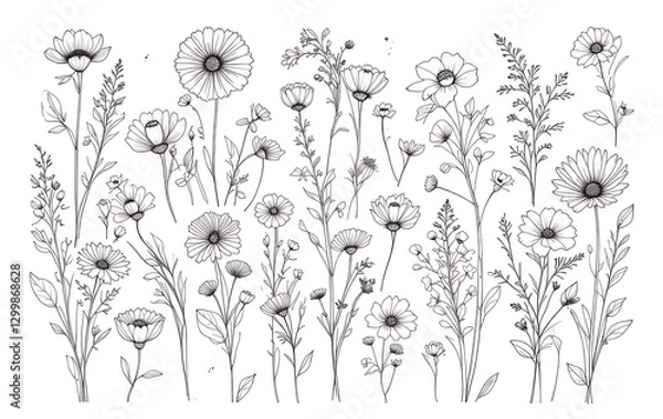 Obraz Line Art Wildflower Meadow Illustration with Daisy Flowers and Delicate Stems