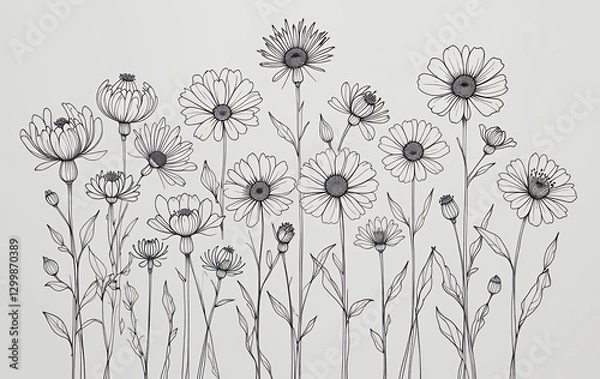 Obraz Daisy Flowers Line Art Illustration with Delicate Petals and Stems