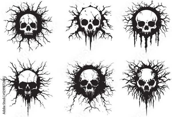 Fototapeta Creepy Skull with Splattered Ink Effect – Grunge Horror Emblem Vector. Ideal for Halloween designs, biker club logos, and dark fantasy posters.