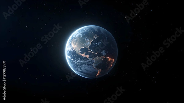 Fototapeta Pixelated Earth Globe Illuminated At Night in Deep Space with Numerous Stars