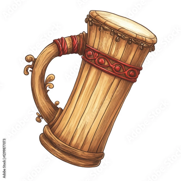 Fototapeta A hand-drawn illustration of a carved wooden percussion instrument with a curved handle and a decorative red cord, designed with artistic precision, positioned centrally with proper margins, transpare