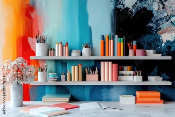Fototapeta Colorful Artistic Office Shelves Filled With Stationery, Flowers, And Books Set Against A Vibrant Backdrop In A Creative Space