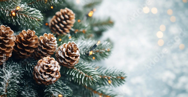 Fototapeta a christmas tree adorned with pine cones and lights against a light backgr