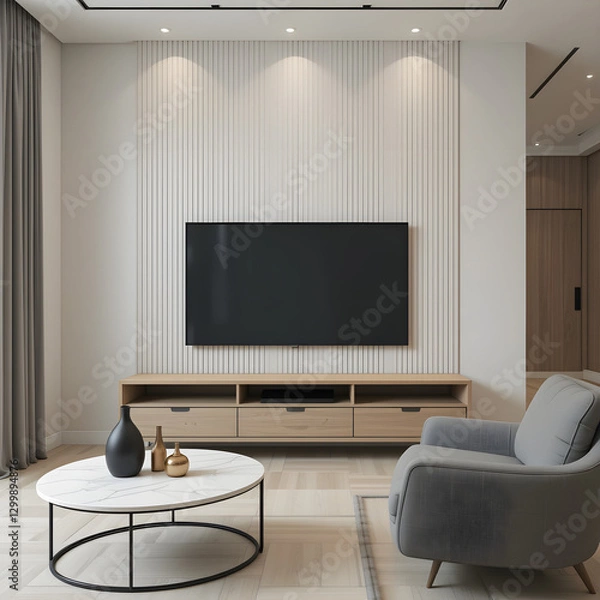 Fototapeta modern living room interior, Modern Living Room | Beige Off-White Wall with Wood Paneling