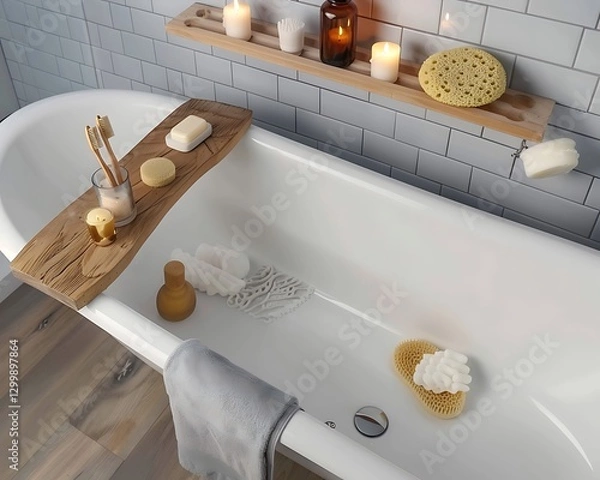 Fototapeta Elegant bathtub, wooden shelf with candles, soaps, sponges, viewed from above, modern bathroom,