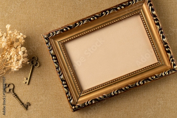 Fototapeta Empty frame with flowers and keys on fabric background from above. Retro style. Flat lay, top view.